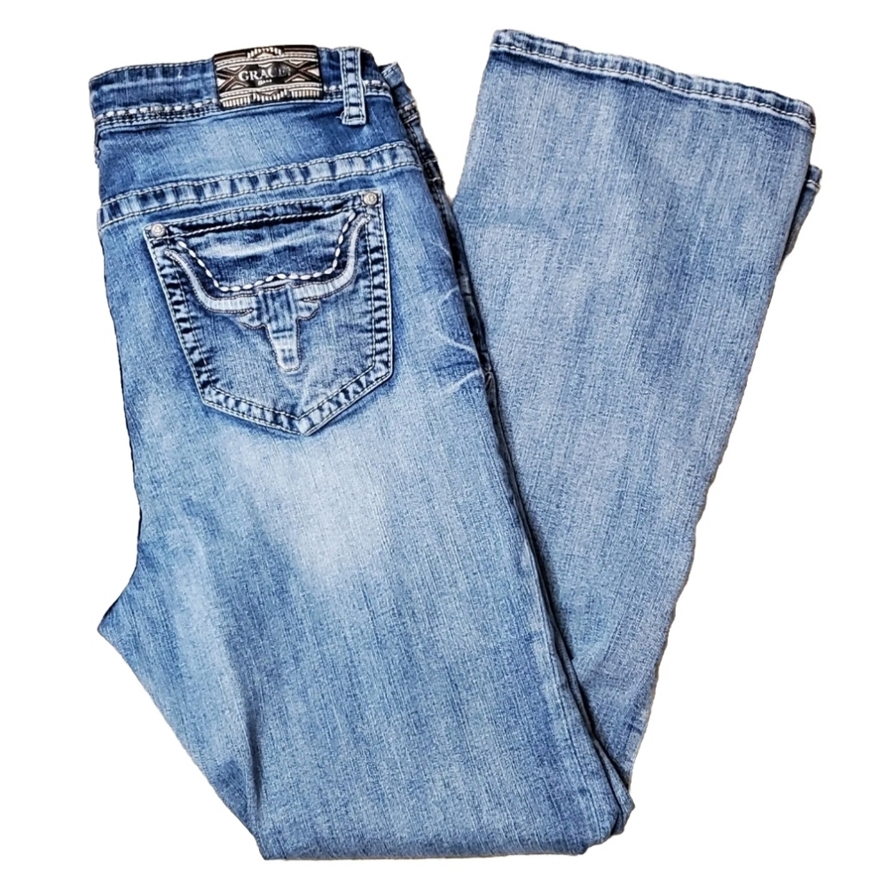 Grace in LA Womens Sz 18 Western Longhorn MidRise Easy Fit Bootcut Stretch Jeans